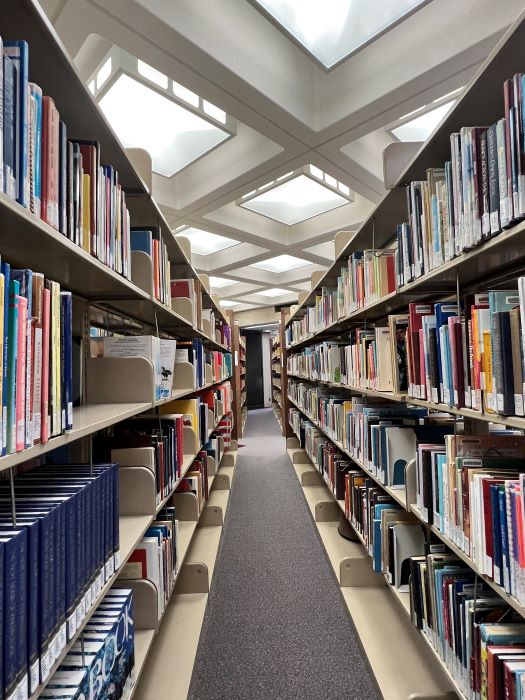 Decorative photograph of aisle between two library book shelves.